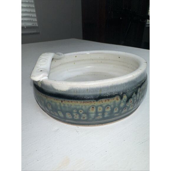 Studio Art Pottery Ceramic Bowl Mustache Drip Glaze Stoneware Blue Signed - Picture 2 of 7